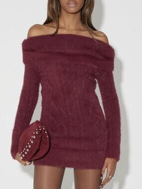 The Kript Yelena Fuzzy Cable Knit Bodycon Sweater Dress XS Off Shoulder Long Slv